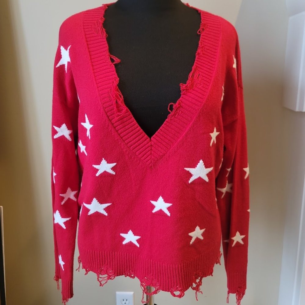 Wild Honey Distressed Sweater American Red w/ White Stars *NEW WITHOUT TAG*